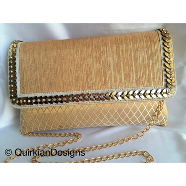 Beige, White And Copper Fabric Clutch Purse With Gold And Diamante Beads, Wedding Clutch, Party Bag